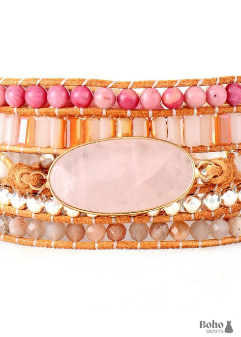 Boho Bracelet, 5 Layers Leather Wrap Bracelet, Pink Pastel, Rhodonite